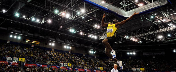 Great Britain's J.J Jegede competes in the men's Long Jump event during the Aviva Grand Prix athletics meeting at the National Indoor Arena in Birmingham on February 18, 2012. Jegede jumped 8.04 meters, his best personal performance. AFP PHOTO/ADRIAN DENNIS (Photo credit should read ADRIAN DENNIS/AFP/Getty Images)