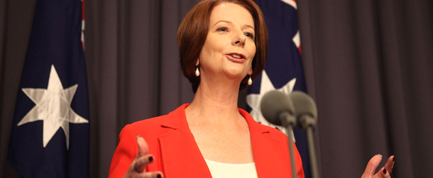 CANBERRA, AUSTRALIA - FEBRUARY 27: Australian Prime Minister Julia Gillard speaks to the media at Parliament House on February 27, 2012 in Canberra, Australia. Prime Minister Gillard received 71 votes to Kevin Rudd's 31 in the leadership ballot today, securing her position as Australian Labor Party leader and Prime Minister. (Photo by Cole Bennetts/Getty Images)