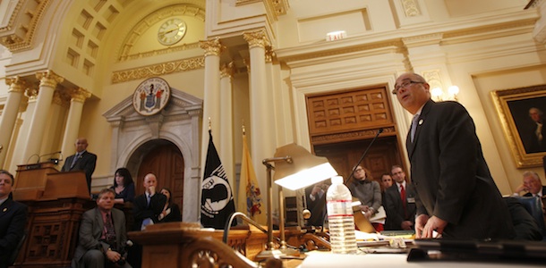Assemblyman Reed Gusciora D-Trenton, speaks about the bill he sponsored legalizing same-sex marriages, at the State House in Trenton, N.J., Thursday, Feb. 16, 2012. The New Jersey Assembly has passed a bill legalizing same-sex marriages, setting the stage for an expected veto by Gov. Chris Christie. (AP Photo/Rich Schultz)