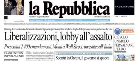 Le prime pagine di sabato 11 febbraio 2012