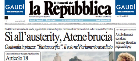Le prime pagine di lunedì 13 febbraio 2012