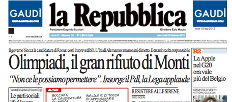 Le prime pagine di mercoledì 15 febbraio 2012