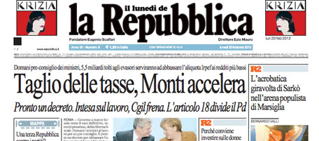 Le prime pagine di lunedì 20 febbraio 2012