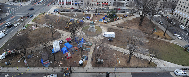 An overview of the Occupy DC encampment in McPherson Square in Washington, DC on February 5, 2012 after sanitation workers removed most of the tents and other debris. The tents in compliance with the no camping rule will be allowed to stay. Police moved in Saturday to clear the Washington offshoot of Occupy Wall Street, arresting at least seven protesters in a sometimes chaotic day-long raid on the tent colony near the White House. AFP PHOTO/Karen BLEIER (Photo credit should read KAREN BLEIER/AFP/Getty Images)