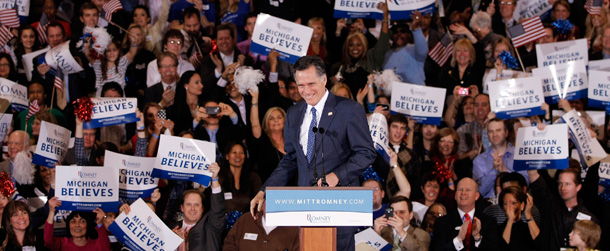 NOVI, MI - FEBRUARY 28: Republican Presidential Candidate, former Massachusetts Gov. Mitt Romney holds a gathering at Surburban Collection Showcase after winning both the Michigan and Arizona primaries February 28, 2012 in Novi, Michigan. Voters in Michigan and Arizona went to the polls today to pick their choice for the Republican presidential nominee. (Photo by Bill Pugliano/Getty Images)