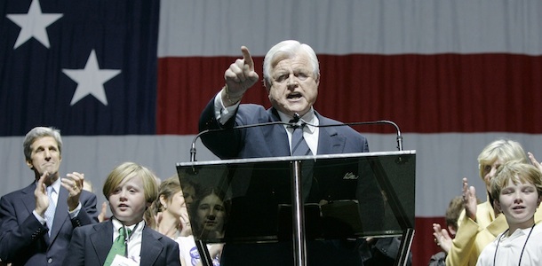 Sen. Ted Kennedy, D-Mass., celebrates his re-election with family members and Sen. John Kerry, D-Mass., left, Tuesday night, Nov. 7, 2006, in Boston. (AP Photo/Chitose Suzuki)