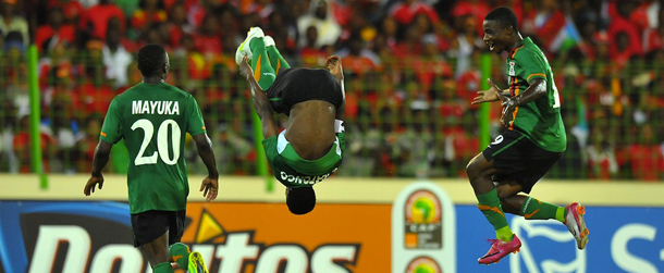 Zambia's midfielder Christopher Katongo (C) celebrates after scoring a goal during the Group A 2012 Africa Cup of Nations football match between Equatorial Guinea and Zambia in Malabo, on January 29, 2012, at the Malabo stadium. The African Cup of Nations 2012 is taking place in Gabon and Equatorial Guinea from January 21 to Febuary 12, 2012. Zambia won 1-0. AFP PHOTO / ALEXANDER JOE (Photo credit should read ALEXANDER JOE/AFP/Getty Images)