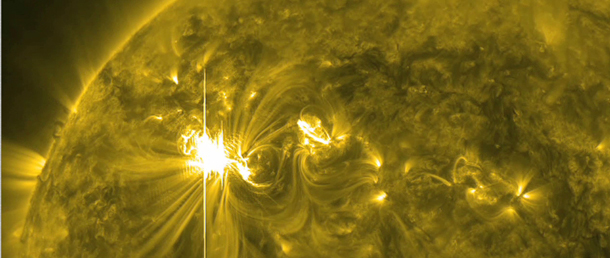IN SPACE - MARCH 6: In this handout from NASA/Solar Dynamics Observatory (SDO), a X5.4 solar flare, the largest in five years, erupts from the sun's surface March 6, 2012. According to reports, particles from the flare are suppose to reach earth early March 7, possibly disrupting technology such as GPS system, satellite networks and airline flights. (Photo by NASA/Solar Dynamics Observatory (SDO) via Getty Images)