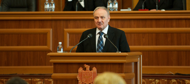 Moldova's President-elect Nicolae Timofti (C) addresses lawmakers in the parliament in the capital Chisinau, on March 16, 2012, shortly after the presidential polls. Moldova's parliament elected today top judge Nicolae Timofti as president, ending a political stalemate that left the country without a full-time head of state for almost three years.AFP PHOTO / VADIM DENISOV (Photo credit should read VADIM DENISOV/AFP/Getty Images)