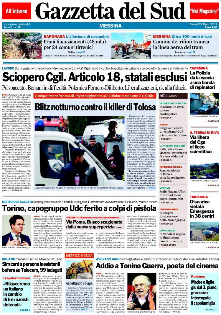 Le prime pagine di giovedì 22 marzo 2012 Il Post
