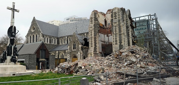 The badly damaged Christchurch Cathedral is pictured on September 7, 2011 during a tour given to foreign journalists visiting the city ahead of the rugby 2011 World Cup. England rugby manager Martin Johnson and several members of the playing squad visited the city to see the stadium and the city centre which were damaged by an earthquake in February. AFP PHOTO / PAUL ELLIS (Photo credit should read PAUL ELLIS/AFP/Getty Images)
