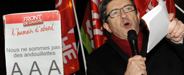 French president of the Parti de Gauche and Left Front (Front de Gauche) candidate for 2012 French presidential election Jean-Luc M?lenchon (R) speaks during a demonstration on January 16, 2012 in front of the Standard &amp; Poor's Paris headquarters to protest against France credit rating downgrade and the financial markets. AFP PHOTO MEHDI FEDOUACH (Photo credit should read MEHDI FEDOUACH/AFP/Getty Images)