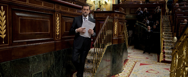 MADRID, SPAIN - FEBRUARY 08: Spain's Prime Minister Mariano Rajoy walk off the speaker bench after talking during a plenary session of the Spanish Parliament on February 8, 2012 in Madrid, Spain. Mariano Rajoy attended Parliament to make a statement about Monday's EU summit, where European leaders agreed on a permanent rescue fund for the euro zone and 25 of the 27 members agreed to sign a fiscal treaty intended to strengthen budget discipline. The UK and Czech Republic were the only members that refused to join the fiscal pact. (Photo by Pablo Blazquez Dominguez/Getty Images)