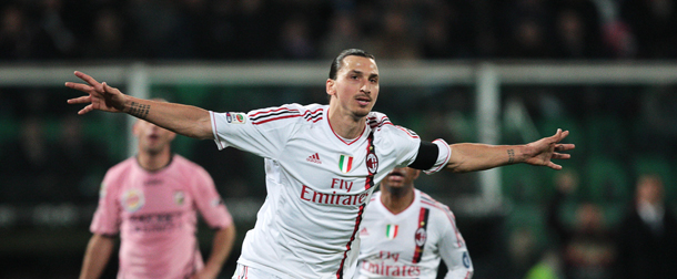 AC Milan's Swedish forward zlatan Ibrahimovic celebrates after scoring during their Italian Serie A football match at Barbera Stadium in Palermo on March 3, 2012. AFP PHOTO / MARCELLO PATERNOSTRO (Photo credit should read MARCELLO PATERNOSTRO/AFP/Getty Images)
