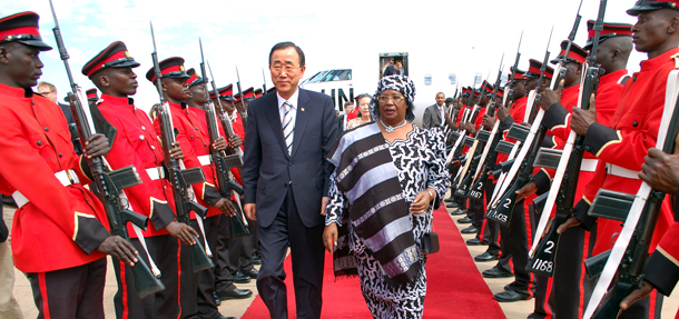 UN Secretary General Ban Ki-moon and Malawi's Vice president Joyce Banda inspect an honour guard on his arrival at the airport in Lilongwe on May 29, 2010. Ban Ki-moon will be meeting President Bingu wa Mutharika and speaking to parliament.
AFP PHOTO / AMOS GUMULIRA (Photo credit should read AMOS GUMULIRA/AFP/Getty Images)
