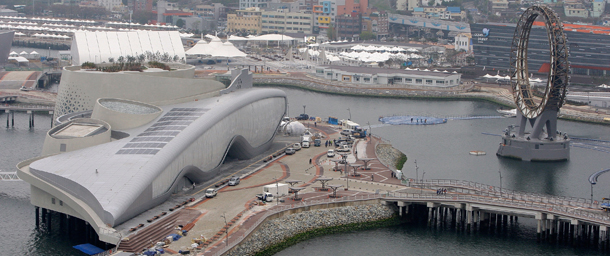 YEOSU, SOUTH KOREA - APRIL 20: Workers construct the 2012 Yeosu Expo facilities on April 20, 2012 in Yeosu, South Korea. More than 105 countries, 10 International Organizations and 10 million visitors are expected to participate in the expo that will open on May 12 to August 12. (Photo by Chung Sung-Jun/Getty Images)