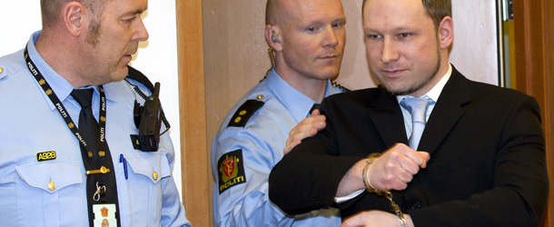 Right-wing extremist Anders Behring Breivik, (R) arrives in court in Oslo on February 6, 2012. The Norway gunman who killed 77 people in twin attacks in July asked an Oslo court to release him immediately, explaining that his massacre was a "preventive attack against state traitors."
AFP PHOTO / DANIEL SANNUM LAUTEN (Photo credit should read DANIEL SANNUM LAUTEN/AFP/Getty Images)
