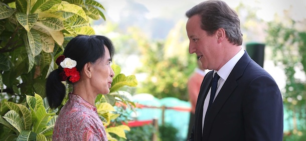 Prime Minister David Cameron meets with pro-democracy leader Aung San Suu Kyi on April 12, 2012 in Yangon, Myanmar. Mr Cameron is ending his five day trade mission to the far east in Myanmar - the first British Prime Minister to visit the country since 1948.