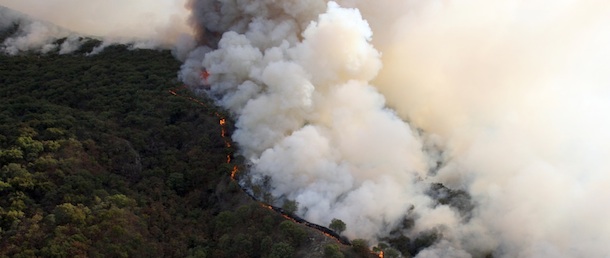 Aerial view of the fire at "La Primavera" forest in Guadalajara, Mexico, taken on April 23, 2012. More than 300 firefighters were sent to the site where a fire has been burning uncontrolled for more than 50 hours and has consumed over 3500 hectares so far. AFP PHOTO/Hector GUERRERO (Photo credit should read HECTOR GUERRERO/AFP/Getty Images)