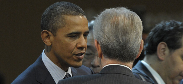 U.S. President Barack Obama greets Italian Premier Mario Monti at the opening plenary session at the Nuclear Security Summit at the Coex Center, in Seoul, South Korea, Tuesday, March 27, 2012. The leaders of South Korea, the United States and China issued stark warnings Tuesday about the threat of nuclear terrorism during the final day of the nuclear summit that has so far been upstaged by North Korea's long-range rocket launch plans. (AP Photo/Susan Walsh)