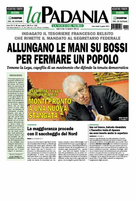 La prima pagina della Padania di oggi
