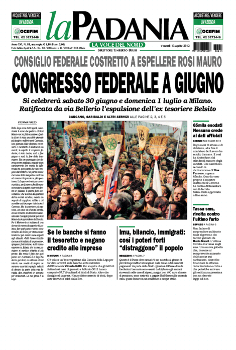 La prima pagina della Padania di venerdì 13 aprile