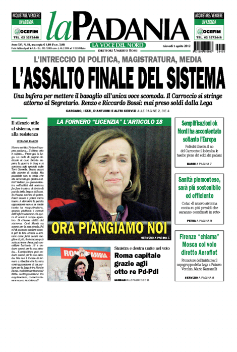 La prima pagina della Padania di giovedì 5 aprile
