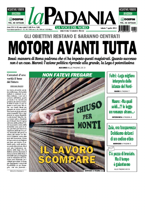 La prima pagina della Padania di sabato 7 aprile