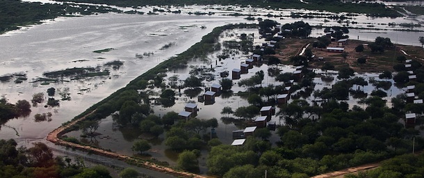 Aerial view of a flooded area in General Diaz, Chaco, 475 km northwest of Asuncion, Paraguay, in the border with Argentina on April 15, 2012. Authorities declared state of emergency last Friday in northern Paraguayan Chaco due to floods caused by rains that have hit the area since March. Some 5.000 families were affected by rains and the overflowing of the Pilcomayo river. AFP PHOTO / NORBERTO Duarte (Photo credit should read NORBERTO DUARTE/AFP/Getty Images)