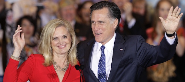 In this photo taken March 20, 2012, Republican presidential candidate, former Massachusetts Gov. Mitt Romney and his wife Ann wave as they leave at an election night rally in Schaumburg, Ill., after winning the Illinois Primary. Romney is starting to sharpen his appeal to women voters, acutely aware as he pivots towards the general election that he'll need to narrow President Barack Obama's commanding lead among that critical group to beat him. (AP Photo/Nam Y. Huh)