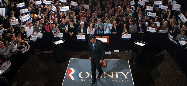 MILWAUKEE, WI - APRIL 03: Republican presidential candidate, former Massachusetts Gov. Mitt Romney walks off stage after speaking to supporters during his primary night gathering at The Grain Exchange on April 3, 2012 in Milwaukee, Wisconsin. Mitt Romney addressed supporters after winning primary elections in Wisconsin, Maryland and the District of Columbia. (Photo by Justin Sullivan/Getty Images)