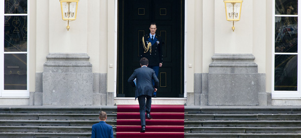 Prime Minister Mark Rutte arrives at the Royal palace Huis ten Bosch where he will inform Queen Beatrix about the political situation of the government after the collapse of talks on austerity measures, in the Hague, Netherlands, on April 23, 2012. The resignation has been widely expected since the weekend when Rutte acknowledged that a rift with anti-Islam politician Geert Wilders' Freedom Party would likely lead to early elections, otherwise due in May 2015. AFP PHOTO/ ROBIN UTRECHT netherlands out (Photo credit should read ROBIN UTRECHT/AFP/Getty Images)