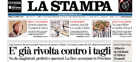 Le prime pagine di lunedì 30 aprile 2012