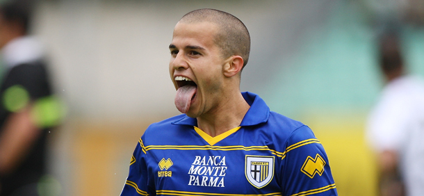 SIENA, ITALY - MAY 06: Sebastian Giovinco of Parma FC celebrates after scoring the opening goal during the Serie A match between AC Siena and Parma FC at Artemio Franchi - Mps Arena Stadium on May 6, 2012 in Siena, Italy. (Photo by Paolo Bruno/Getty Images)