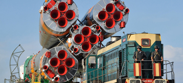 The Soyuz TMA-04M rocket of the International Space Station (ISS) is transported to a launch pad in the Russian leased Kazakh Baikonur cosmodrome, on May 13, 2012. The launch of the Souyz TMA-04M with crew aboard including US astronaut Joseph Acaba, Russian cosmonauts Gennady Padalka and Sergei Revin, is scheduled on May 15. AFP PHOTO / VYACHESLAV OSELEDKO (Photo credit should read VYACHESLAV OSELEDKO/AFP/GettyImages)