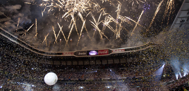 Fireworks lit the Santiago Bernabeu stadium after Real Madrid's won the Spanish League title on May 13, 2012 in Madrid. The Santiago Bernabeu was given the first chance to celebrate Real Madrid's Portuguese coach Jose Mourinho's first Spanish title with 'los blancos' and resonated with a celebratory atmosphere to see skipper Iker Casillas lift the trophy after the match. AFP PHOTO / Jaime REINA (Photo credit should read JAIME REINA/AFP/GettyImages)