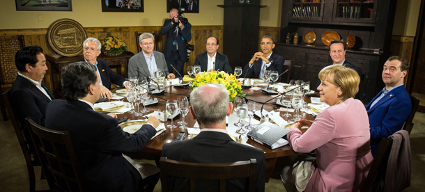 CAMP DAVID, MD - MAY 18: U.S. President Barack Obama (Center-R) speaks with other G8 leaders at Laurel Lodge in Camp David during the 2012 G8 Summit on May 18, 2012 in Camp David, Maryland. Leaders of eight of the world's largest economies meet over the weekend in an effort to keep the lingering European debt crisis from spinning out of control. (Photo by Guido Bergmann-Pool/Getty Images)