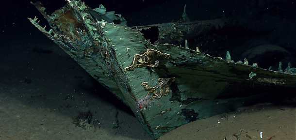 In this photo provided by NOAA Okeanos Explorer Program, a well preserved shipwreck is seen about 200 miles off the coast of La., at a depth around 4,000 feet, in the Gulf of Mexico, Friday, April 26, 2012. While most of the ship's wood has long since disintegrated, copper that sheathed the hull beneath the waterline as a protection against marine-boring organisms remains, leaving a copper shell retaining the form of the ship. (AP Photo/NOAA Okeanos Explorer Program)