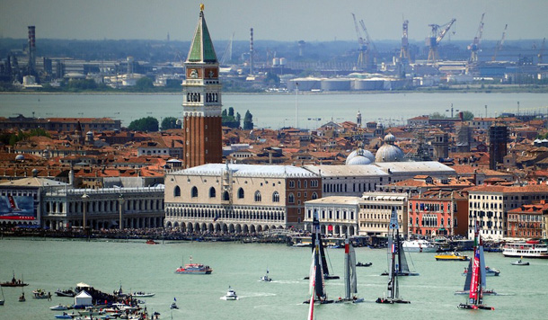 The America's cup fleet sail in front of St Mark square during the America Cup World Series (ACWS) Match-Racing in Venice's lagoon on May 18, 2012. AFP PHOTO / OLIVIER MORIN (Photo credit should read OLIVIER MORIN/AFP/GettyImages)