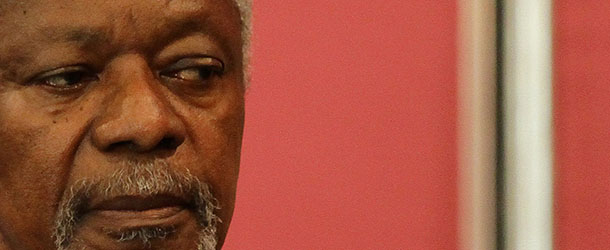 UN-Arab League peace envoy Kofi Annan speak to the press, in Damascus, on May 29, 2012, following his meeting with Syrian President Bashar al-Assad earlier. In his meeting with Assad, Annan conveyed "the grave concern of the international community about the violence in Syria, including in particular the recent events in Houla," his office said. AFP PHOTO/LOUAI BESHARA (Photo credit should read LOUAI BESHARA/AFP/GettyImages)