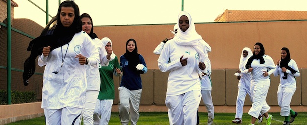 Saudi members of the King's United women football club train at a stadium in the Red sea port of Jeddah on May 20,2009, despite strict religious taboos in the desert kingdom. Some 36 Saudi female football players train on daily basis behind closed walls away from the prying eyes of men. They have divided themselves into three teams to compete against each other in a country where sports for women is strictly forbidden. AFP PHOTO/OMAR SALEM (Photo credit should read Omar Salem/AFP/Getty Images)