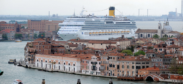 The Costa Fascinosa, the new flagship of the Italian passenger fleet and Costa Cruises built at Fincantieri's Marghera shipyard, leaves Venice on May 6,2012, crossing the sea in front of St. Mark square. A huge public relations exercise marked the entry into service of the 114,500 tonne Costa Fascinosa, sister-ship of the ill-fated Costa Concordia which ran aground and capsized off northwest Italy on January 13 with the loss of 32 lives. A tragedy like the wreck of the Costa Concordia cruise liner "will not happen again," the shipping line's boss said today as he unveiled a new luxury vessel to the public. AFP PHOTO / ANDREA PATTARO (Photo credit should read ANDREA PATTARO/AFP/GettyImages)