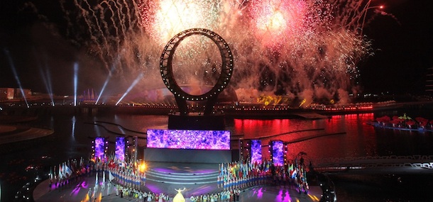 Fireworks light the sky during a ceremony on the eve of the Expo 2012 in Yeosu, South Korea, Friday, May 11, 2012. The expo will open for three months on May 12 under the theme of "The Living Ocean and Coast: Diversity of Resources and Sustainable Activities." (AP Photo/Ahn Young-joon)