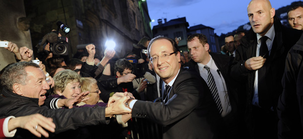 Socialist Party (PS) candidate for the 2012 French presidential election, Francois Hollande arrives to give a speech after winning the second round of the presidential election on May 6, 2012 in Tulle, southwestern France. AFP PHOTO / FRED DUFOUR (Photo credit should read FRED DUFOUR/AFP/GettyImages)