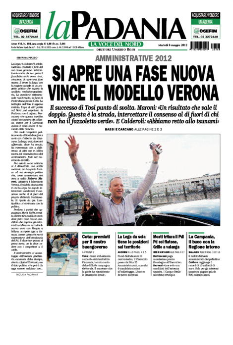 La prima pagina della Padania di martedì