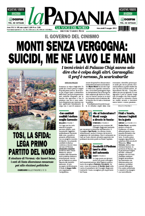 La prima pagina della Padania di mercoledì