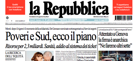 Le prime pagine di sabato 12 maggio 2012