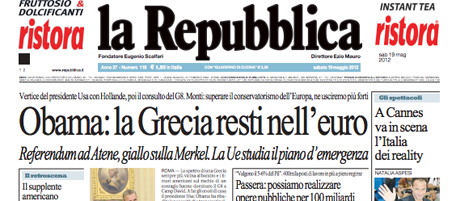 Le prime pagine di sabato 19 maggio 2012