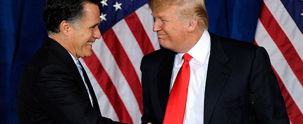 LAS VEGAS, NV - FEBRUARY 02: Republican presidential candidate, former Massachusetts Gov. Mitt Romney (L) and Donald Trump shake hands during a news conference held by Trump to endorse Romney for president at the Trump International Hotel &amp; Tower Las Vegas February 2, 2012 in Las Vegas, Nevada. Romney came in first in the Florida primary on January 31 and is looking ahead to Nevada's caucus on February 4. (Photo by Ethan Miller/Getty Images)