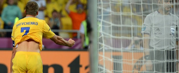 Ukrainian forward Andriy Shevchenko celebrates after scoring a goal during the Euro 2012 championships football match Ukraine vs Sweden on June 11, 2012 at the Olympic Stadium in Kiev. AFP PHOTO / DAMIEN MEYER (Photo credit should read DAMIEN MEYER/AFP/GettyImages)